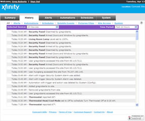 XFINITY Home Security Web Portal History