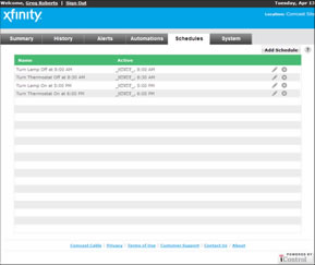 XFINITY Home Security Web Portal Schedules